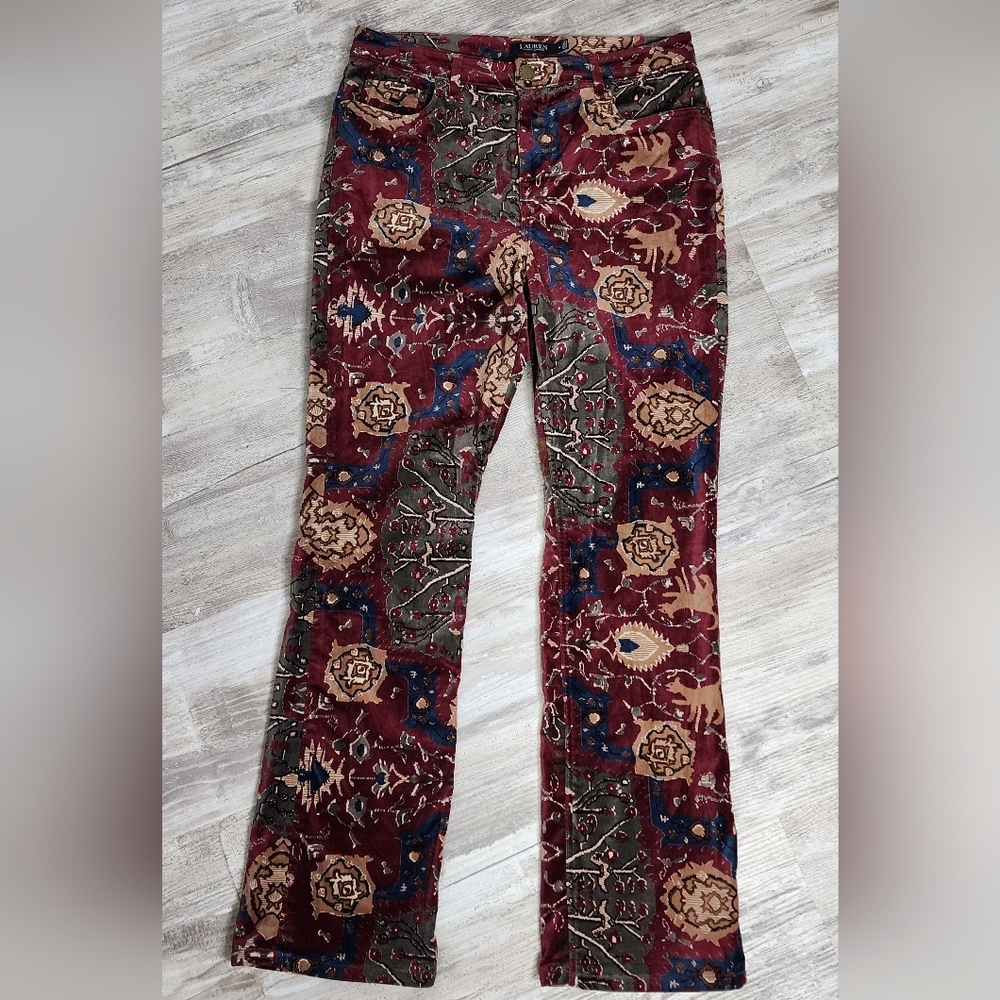 Lauren Ralph Lauen Womens Bold Print Velvet High-Rise Boot Cut Pants Size 12 - Picture 3 of 10